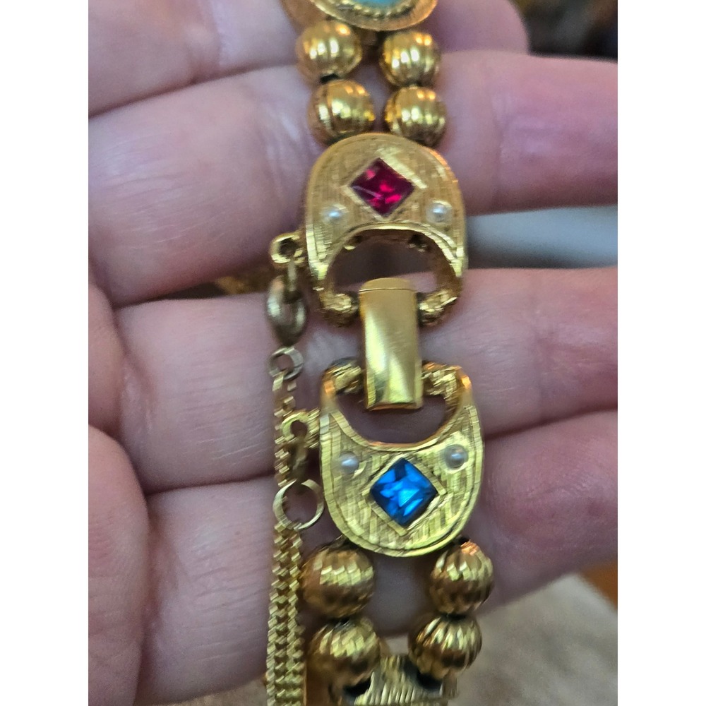 Unsigned Goldette Slide Charm Substantial Bracelet Cameo Snake Safety Chain - Picture 7 of 12